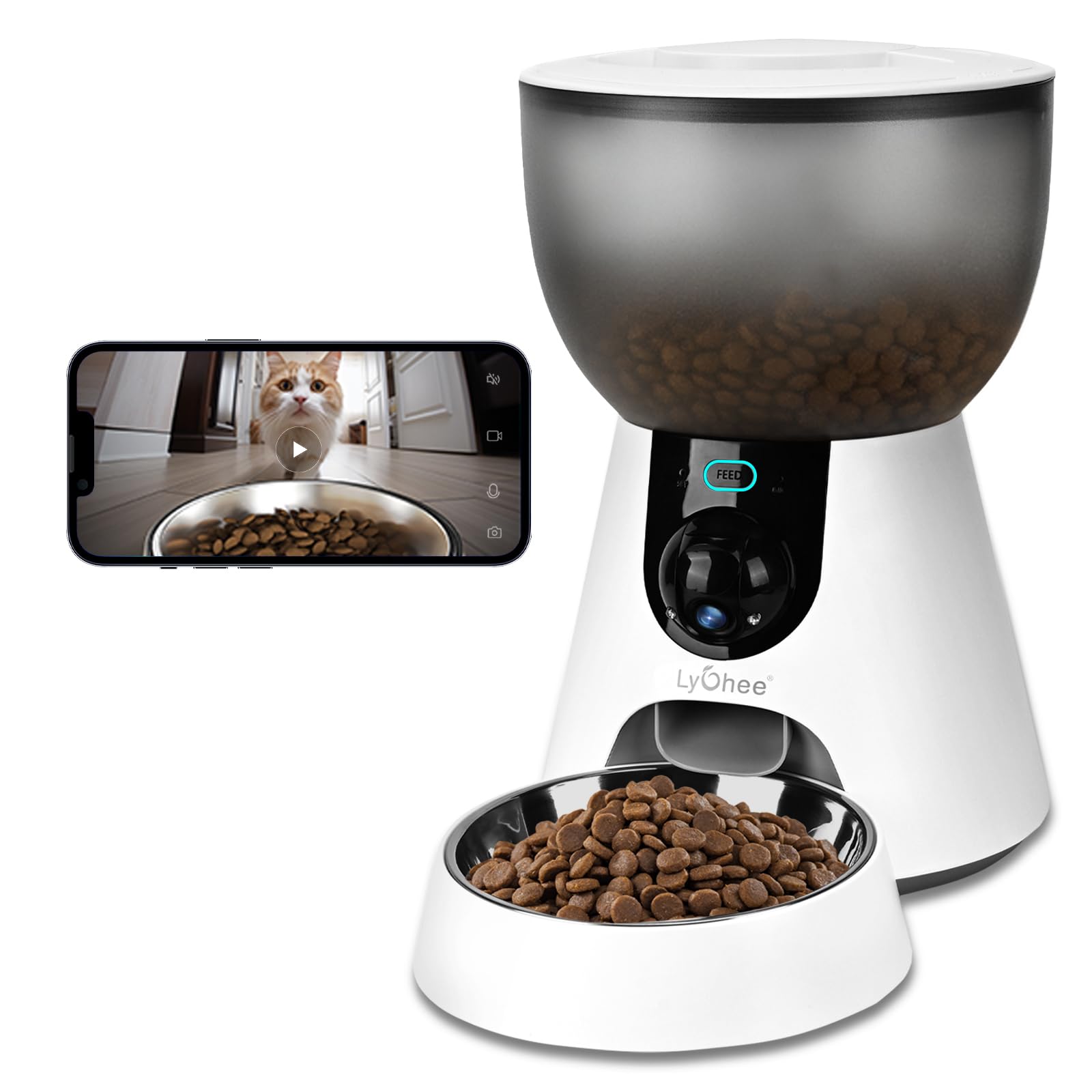 Lychee Automatic Cat Feeder with Camera, 5G WiFi Pet Feeder, 1304P HD Video with Night Vision,2-Way Audio Smart App Control, 4L Dry Food Dispenser for Cats and Samll Dog