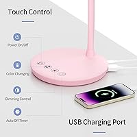 Vista 4 de AXX TU08 Pink Cute Desk Lamp with USB Charging Port, 650 Lumens 3-Color Modes, 5-Touch Dimming, 30/60-Minute Timer, 18-Inch LED Small Table Light