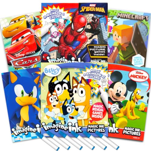 Bulk Imagine Ink Coloring Book Set for Boys - Bundle with 6 No Mess Coloring Books Featuring Sonic, Minecraft, Mickey Mouse, Spidey, Cars, and Bluey