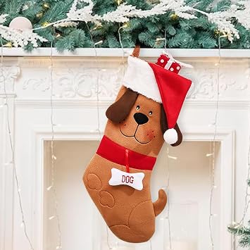 Hying Large Christmas Stockings Xmas Santa Dog Stockings Winter Stocking Decorations Brown Velvet Stockings for Home Hanging Ornaments Christmas Party Favor