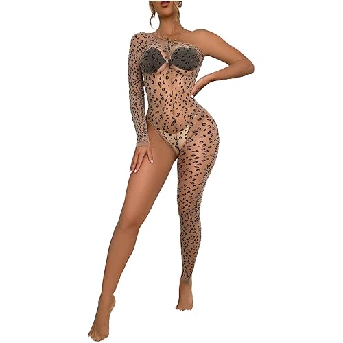deladola Mesh Jumpsuit See-throught One Sleeves Sexy Bodysuit See Through Fishnet Romper Sheer Leopard Bodycon Beach Party Clubwear for Women