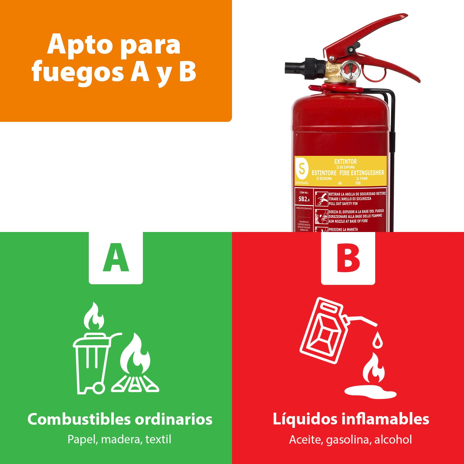 Smartwares - Extintor de Incendios - Espuma - 2 L - Fuegos de Clase AB - FEX-15222