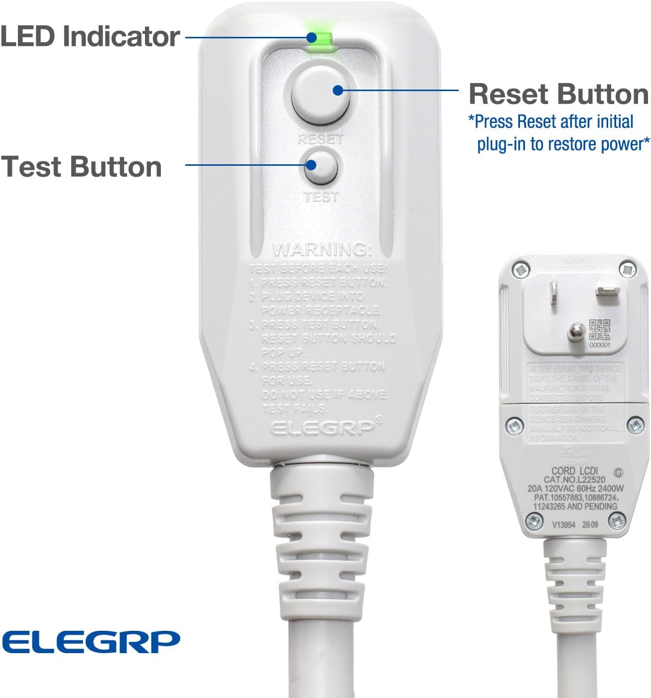 ELEGRP L22520 20Amp 2400W 12AWG LCDI Power Cord Plug for A/C Air Conditioner, E250451 UL Certified, 8.3FT Leakage Current Detection Interrupter Replacement, 120VAC 20Amp 2400W 60Hz NEMA 5-20P (1 Pack)