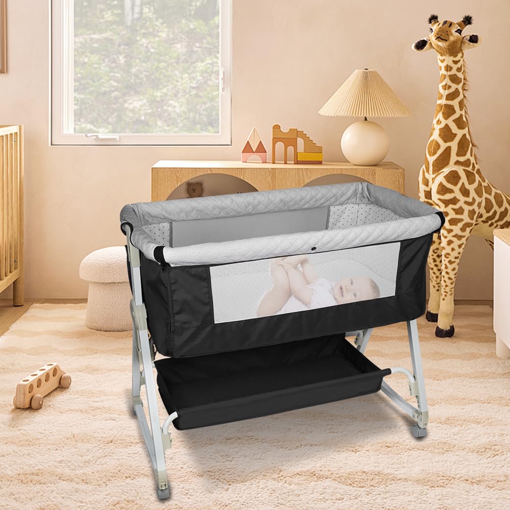 lettino 3 in 1, lettino co-sleeping, dondolo, Culla da bambino con materasso, lato staccabile, altezza regolabile, finestra in rete, ruote e borsa da viaggio – 0-36 mesi, 25 kg-92*52*106-118 cm-nero