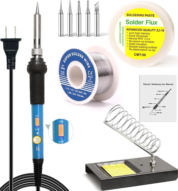 60W Soldering Iron Kit, Adjustable Temperature Electric Soldering Gun Welding Tools with ON/OFF Switch, Solder Wire, Flux Paste, Soldering Iron Stand, Sponge, 5pcs Tips [110V US Plug]