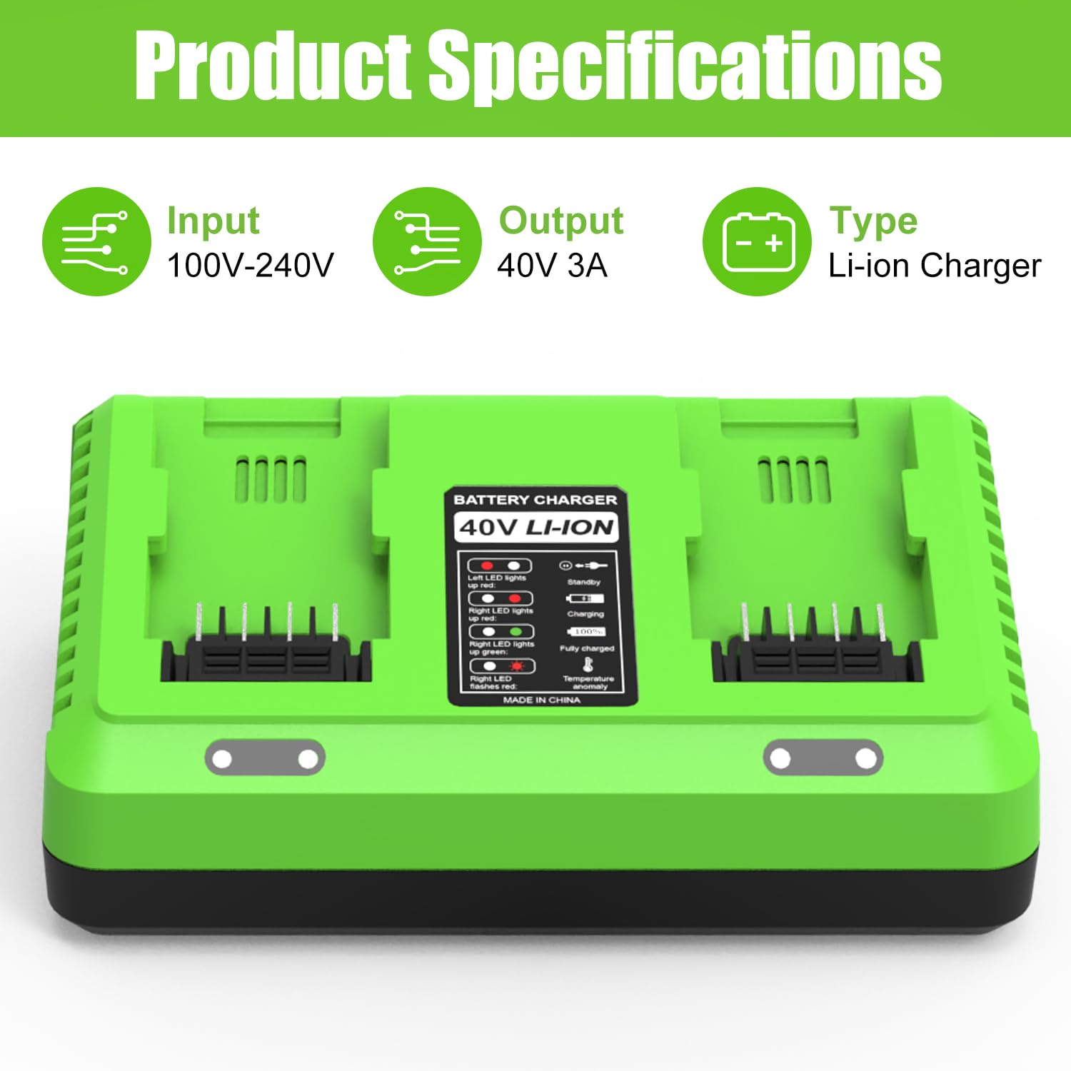 Double chargeur de rechange 40 V pour chargeur de batterie Greenworks 40 V, compatible avec Greenworks 29482 29252 20202 22262 29472 29462 2901319 2938302 BAF702 BAF704 BAF705, pour 40 V G-MAX Outils