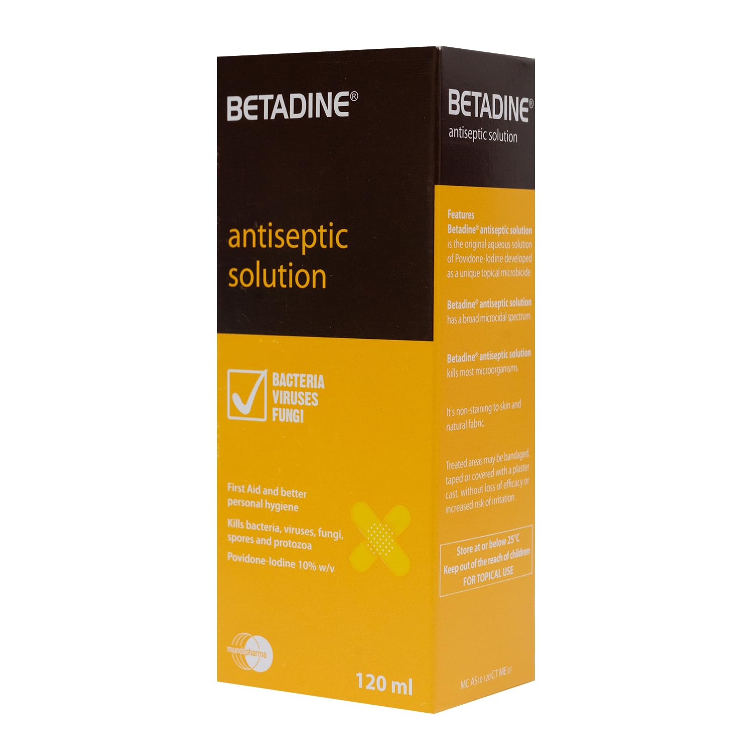 Betadine Antiseptic Solution 120ml, Povidone-Iodine Antiseptic Liquid for Cleansing Minor Cuts, Grazes, Burns & Skin, Home & Family First-Aid Bottle - Use as Directed