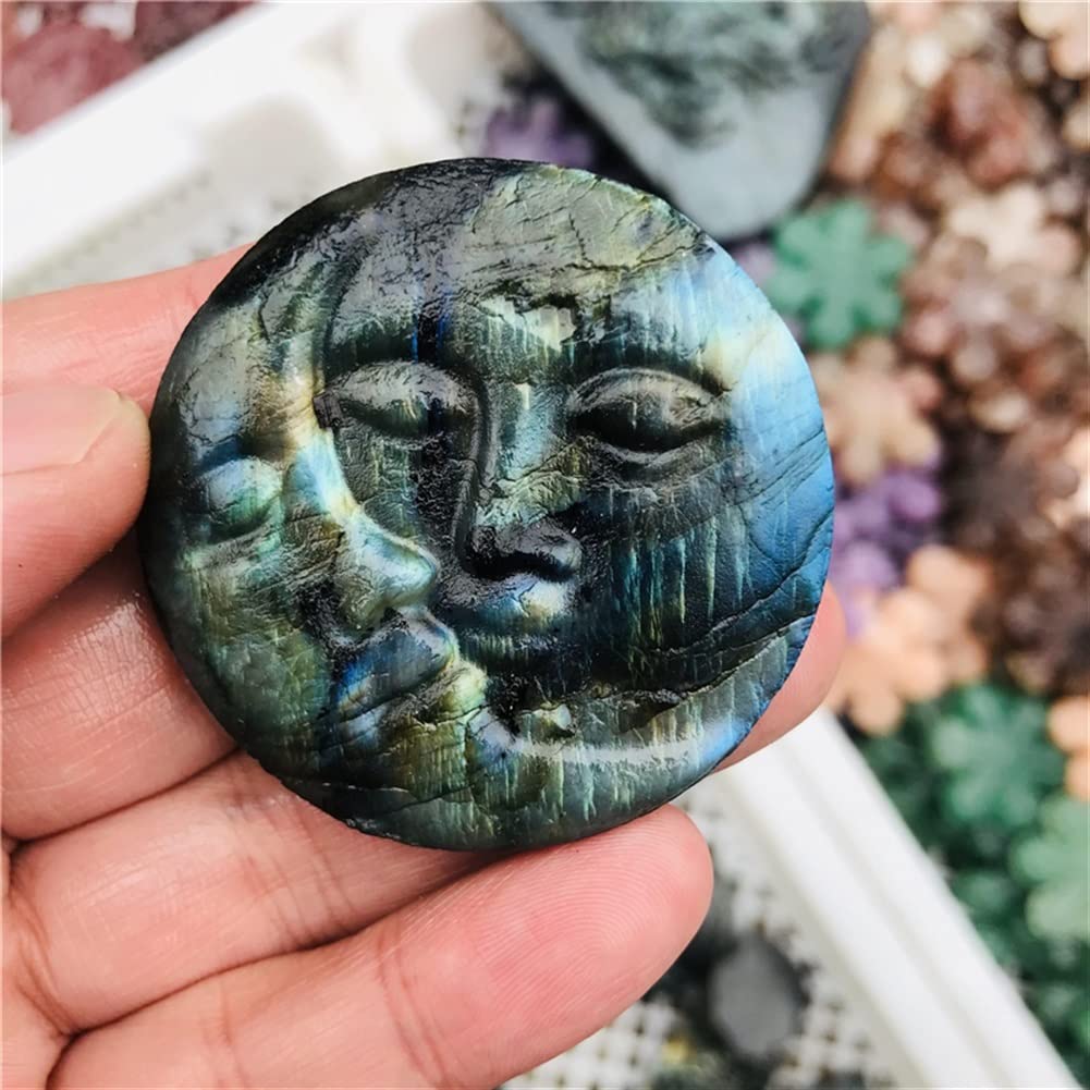 Rohkristall 5cm Natürliche Blaue Glitter Labradorite Heilung Kristall Edelstein Pendel Hand Geschnitzte Sonne und Mond Gesicht Handwerk
