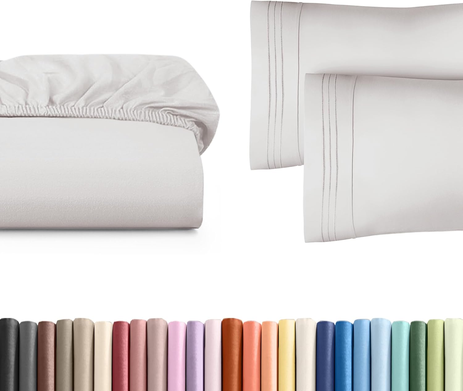 Cal King Size Fitted Bed Sheet + 2 Pillowcases Bundle - Hotel Luxury Single Fitted Bottom Sheet Only - Fits Mattress w/Deep Pockets Between 8 to 16 inches - Breathable & Wrinkle Free - French Grey