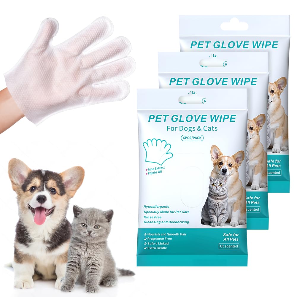 AUYAO Pet Glove Wipe Thickened Gentle Dog Wipes Cleaning and Deodorizing Wipes Cleaning Grooming Wipes Pet Bath Gloves Wipes for Cat Dog Fur Face Ear Eye Paws Daily Washing and Traveling(18 Pack)