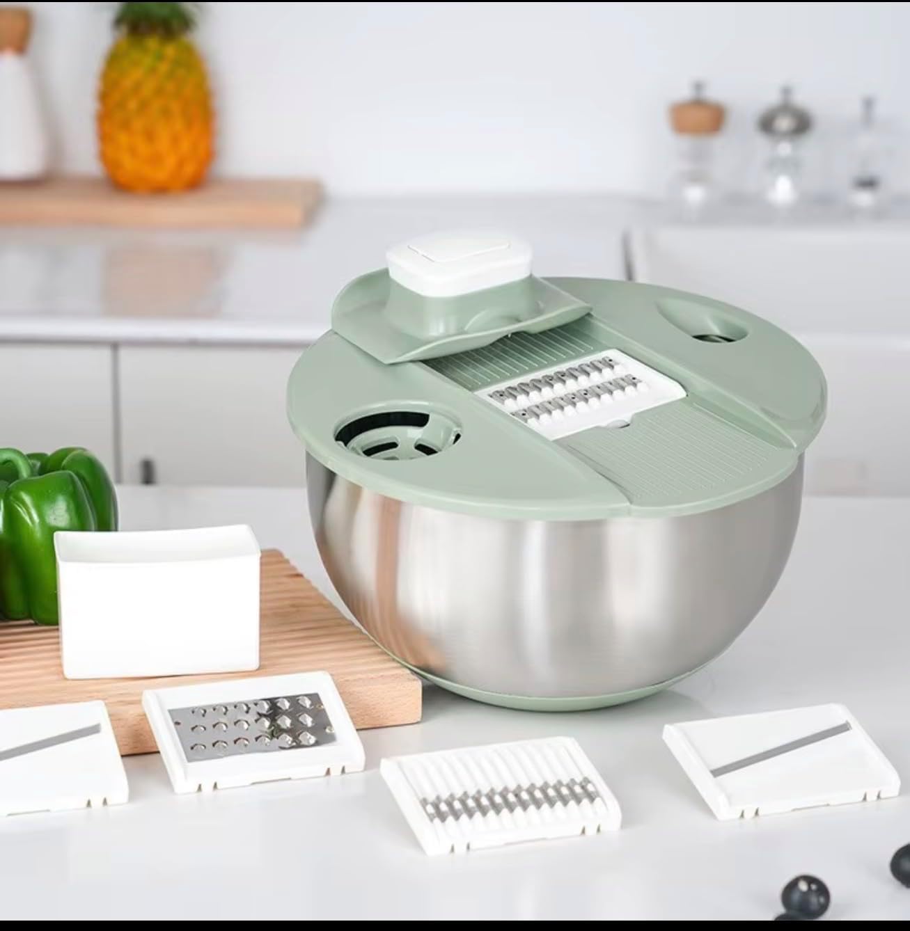 IDREES 6-in-1 Stainless Steel Salad Spinner & Mandoline Slicer Set – 4.76 QT Large Capacity Vegetable Chopper with Grater, Julienne Cutter, Storage Container & Hand Guard – Dishwasher Safe