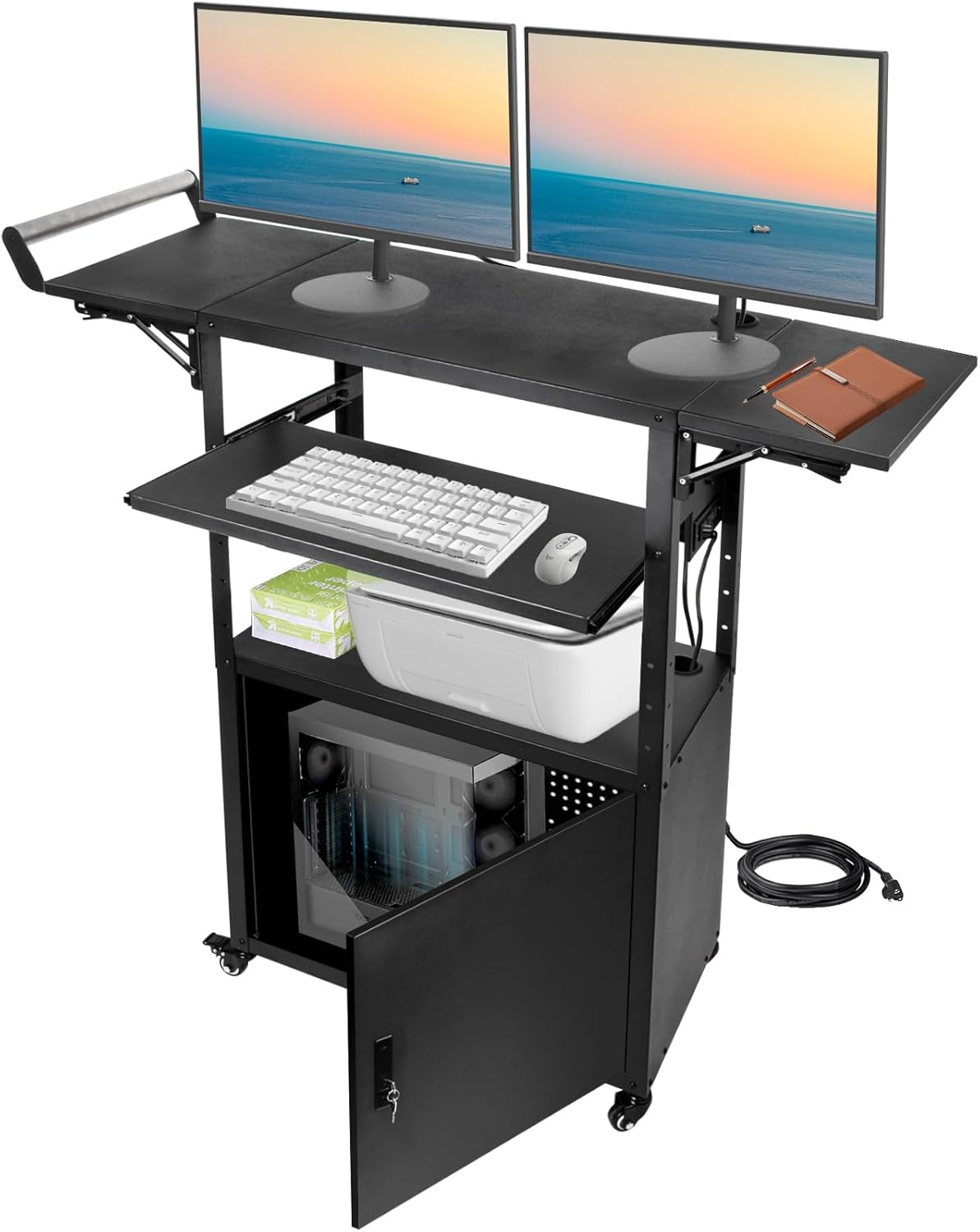 Large Mobile AV Cart with Locking Cabinet and Drop Leaves, Height Adjustable Steel AV Cart with Wheels and Power, Rolling Computer Cart with Pullout Keyboard Tray for Office, Warehouse&Classroom