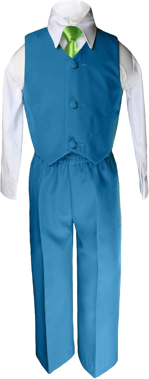 6pc Boy Teal Greenish Blue Tuxedo Suit Satin Lime Green Necktie Baby Teen