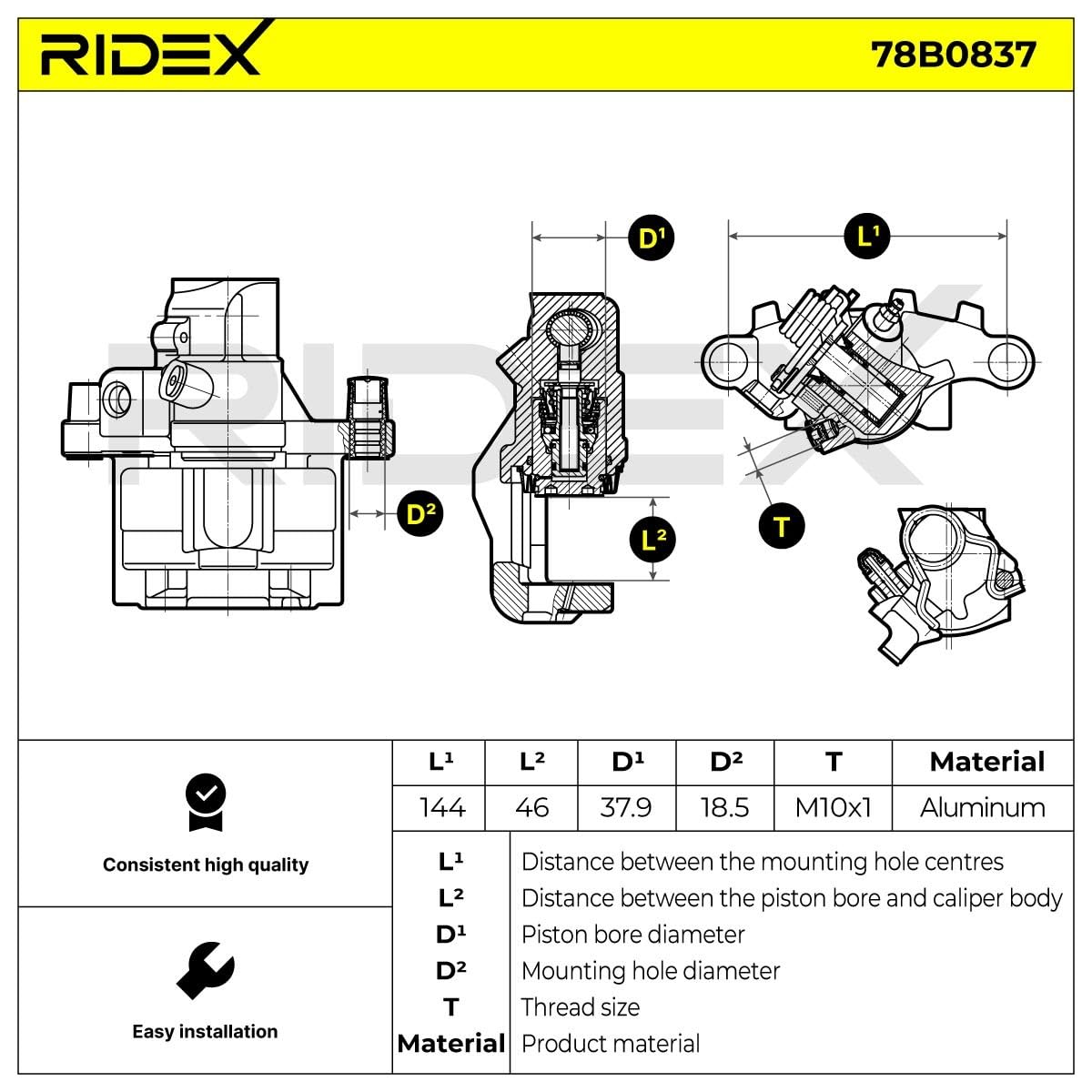 RIDEX 78B0837 Pinza freno Posteriore Destra Posteriore senza supporto