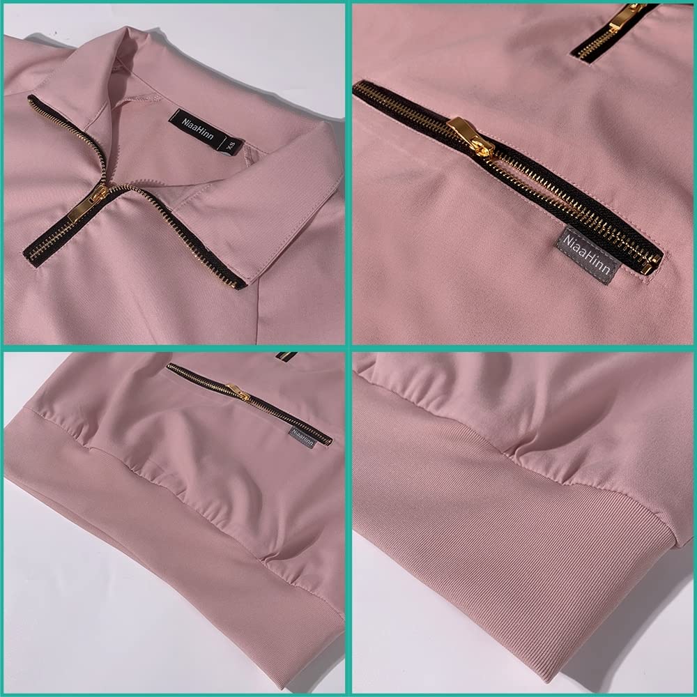 VIAOLIscrubs for Women Set Modern V-Neck Overalls Lapel with Zipper Long Sleeve & Jogger Pants Nurse Medical Uniform (Navy Blue,XS,X-Small)