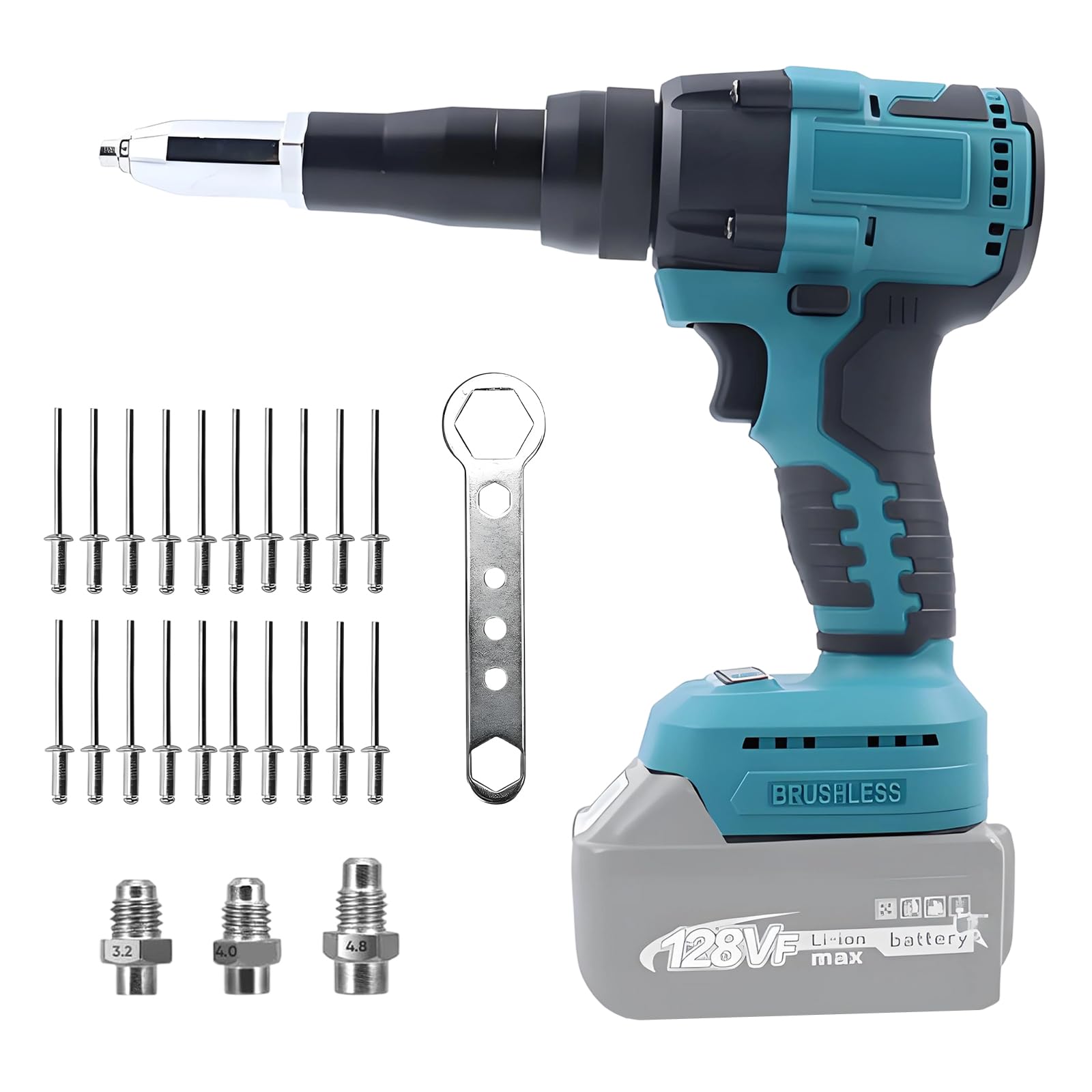 Pince à riveter sans fil compatible avec Makita 18 V | pistolet à écrou à riveter électrique 2 en 1, avec lumière LED, 20 KN, 20 rivets, adaptateurs 3,2/4,0/4,8 mm (sans batterie)
