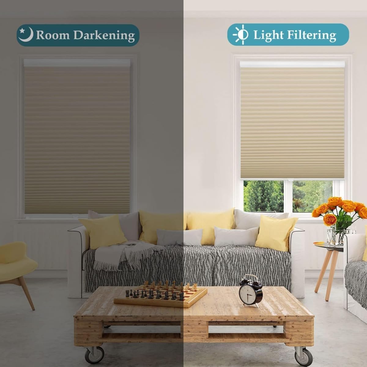MYshade 1.5-Inch Cellular Cordless Light Filtering Shades, Honeycomb Window Blinds for Soft Daylight & Privacy, Thermal Insulation, Child Safe, Inside or Outside Mount (32" W x 64" H, Beige)