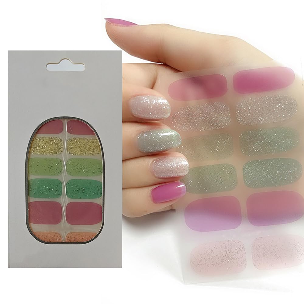 S.A.V.I 12 Pcs - Nail Stickers Pink, Green, Nude & Silver Glitter, Gel Effect, Full Cover Adhesive Nail Wraps, Long-Lasting Shine, Easy Application-image-21
