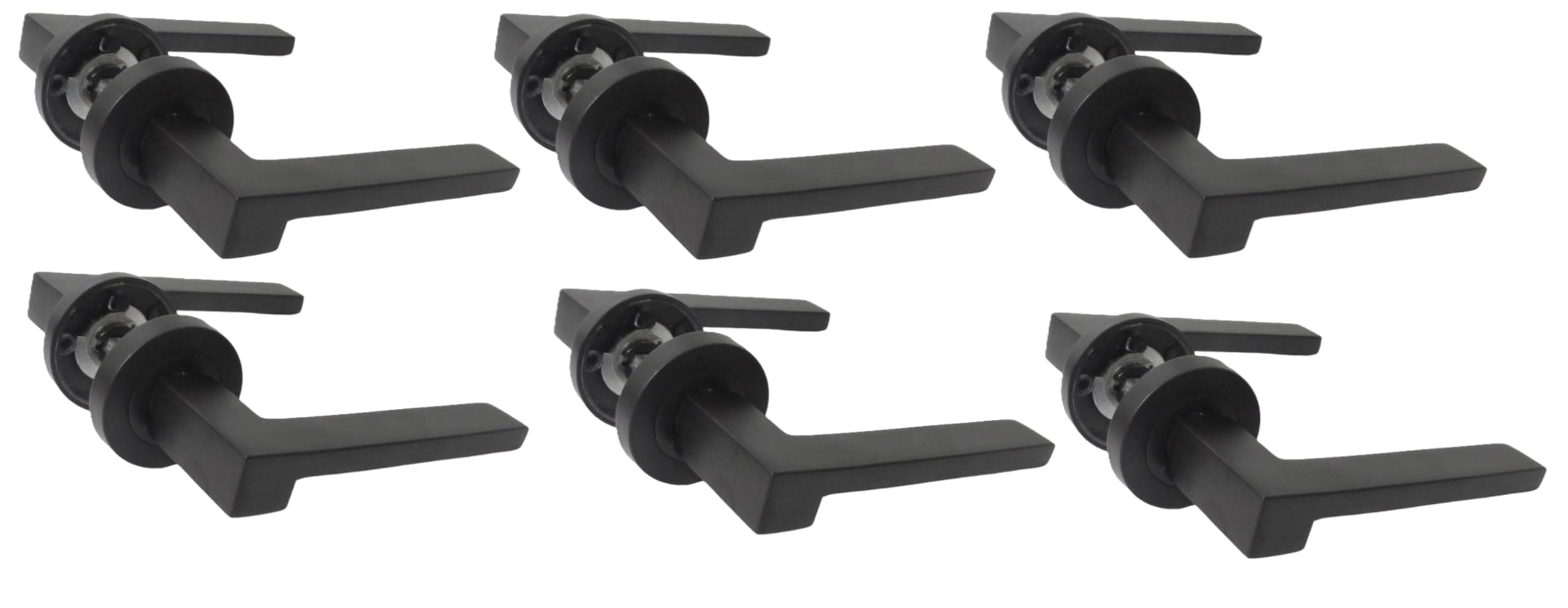 Modern Matt Black Lever on Rose Plate Door Handle 6 Pairs