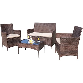 Amazon Com Homall 4 Pieces Outdoor Patio Furniture Sets Rattan Chair Wicker Set Outdoor Indoor Use Backyard Porch Garden Poolside Balcony Furniture Sets Clearance Brown And Beige Garden Outdoor