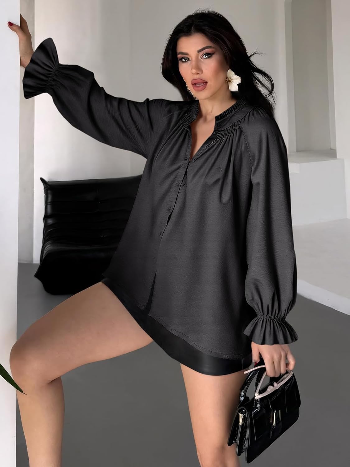 Tankaneo Womens Puff Long Sleeve Button Down Shirts Pleated V Neck Cotton Blouses Loose Fit Casual Ruffle Tops - Image 5