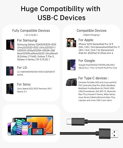 Miniatura 6 de Cable USB C Android Auto de 10 Gbps de transferencia de datos 6 pies 2 unidades QC3.0 3A USB C cargador USB C USB 3.1 Gen2 Tipo C cable de carga