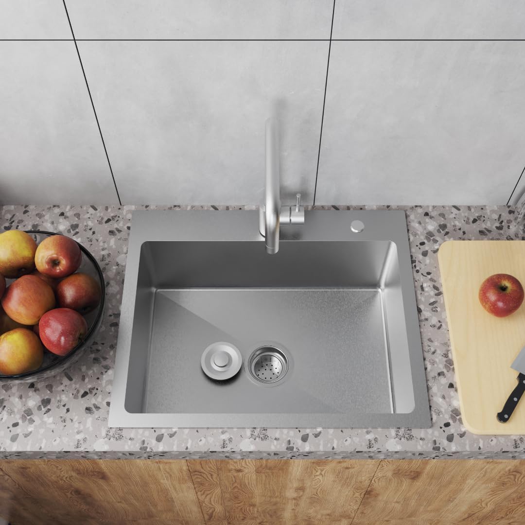 22 x 18 Drop in Kitchen Sink 304 Stainless Steel Single Bowl Topmount Kitchen Sink with Drain Kit and Bottom Grid, Brushed