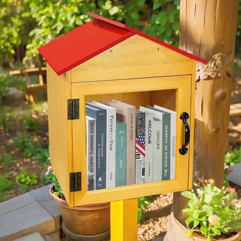 Umtiti Little Library Box Outdoor - Armadietto in legno con tetto rosso per condividere libri, letteratura e giornali in quartieri, comunità e scuole