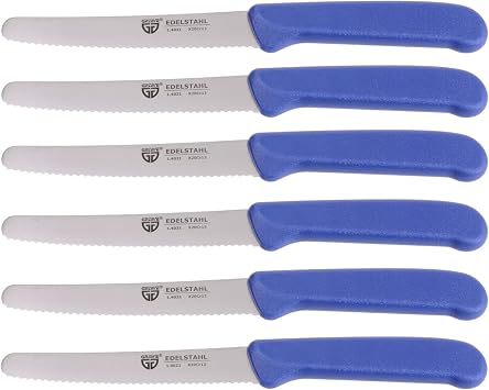 GRAWE table knife 6 pieces, set for cutting, pack of 6 bread knives, for breakfast with serrated edge on one side, length 8.3 inch - handle color blue