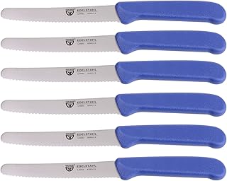 GRÄWE table knife 6 pieces, set for cutting, pack of 6 bread knives, for breakfast with serrated edge on one side, length 8.3 inch - handle color blue