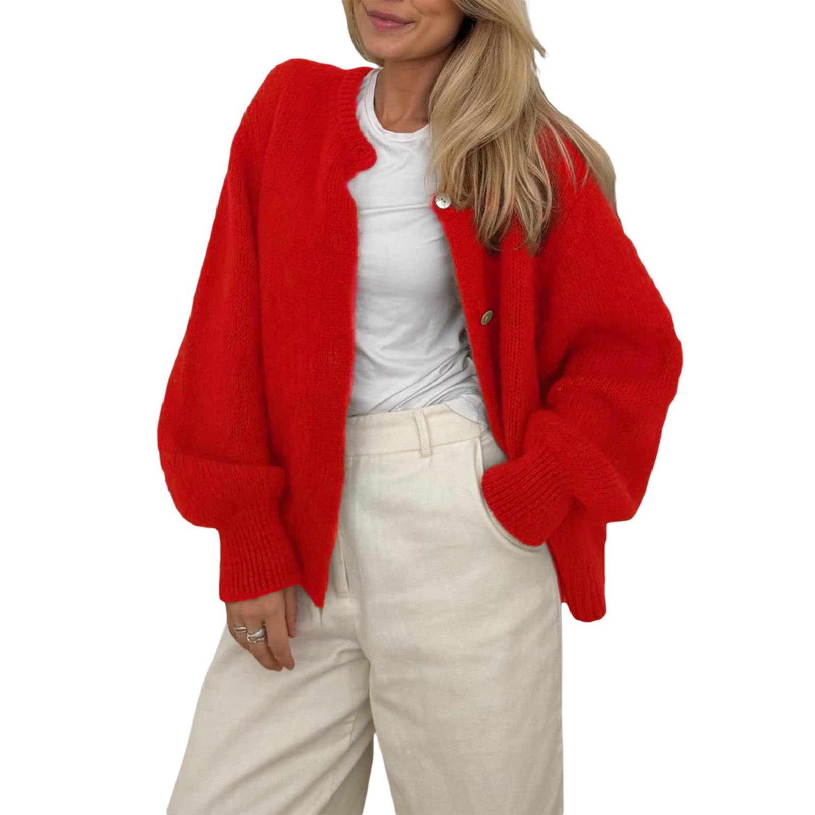 Women Button Up Cardigan Sweater Y2k Fuzzy Contrast Trim Crew Neck Long Sleeve Cable Cardigan Coat Going Out Fall Warm Knitwear (C-05, M)