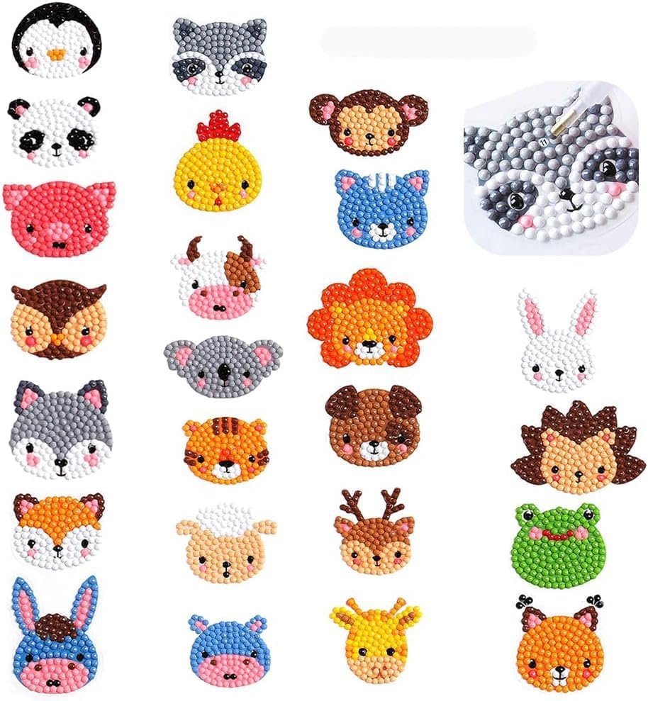 AMERTEER 24 Pcs 5D DIY Kids Animal Diamond Painting Stickers Beginner Diamond Painting Kits, Digital Diamond Paint