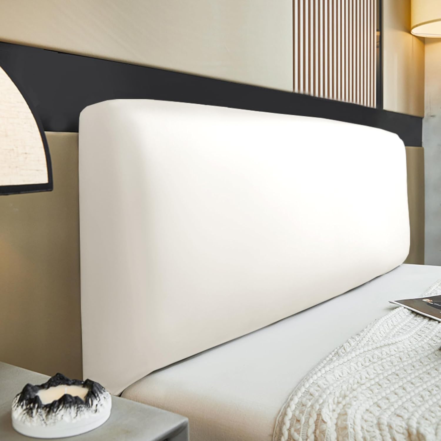 CAMZ PU Leather Headboard Cover Queen Full King Stretch Bed Headboard Slipcover Headboard Dust-Proof Protector Furniture Cover for Kid Pet (White,Queen:150-170 cm / 59-67 in)