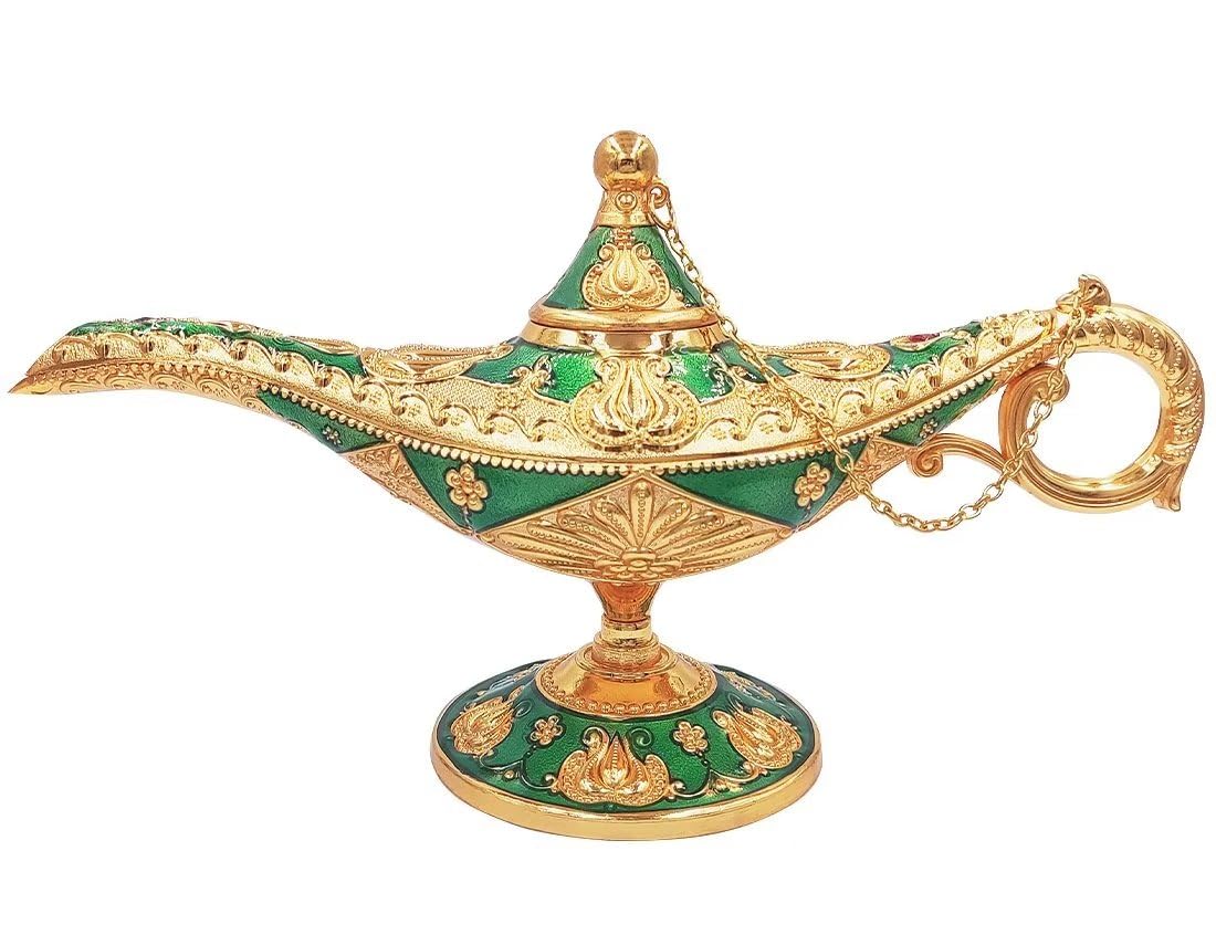 Hourwof Vintage Aladdin Magic Genie Lamp,Arabian Nights Costume Prop Lamp for Wedding Theme Party,Legend Wishing Light for Home Tabletop Decor Halloween Christmas Birthday Gift,Large Green