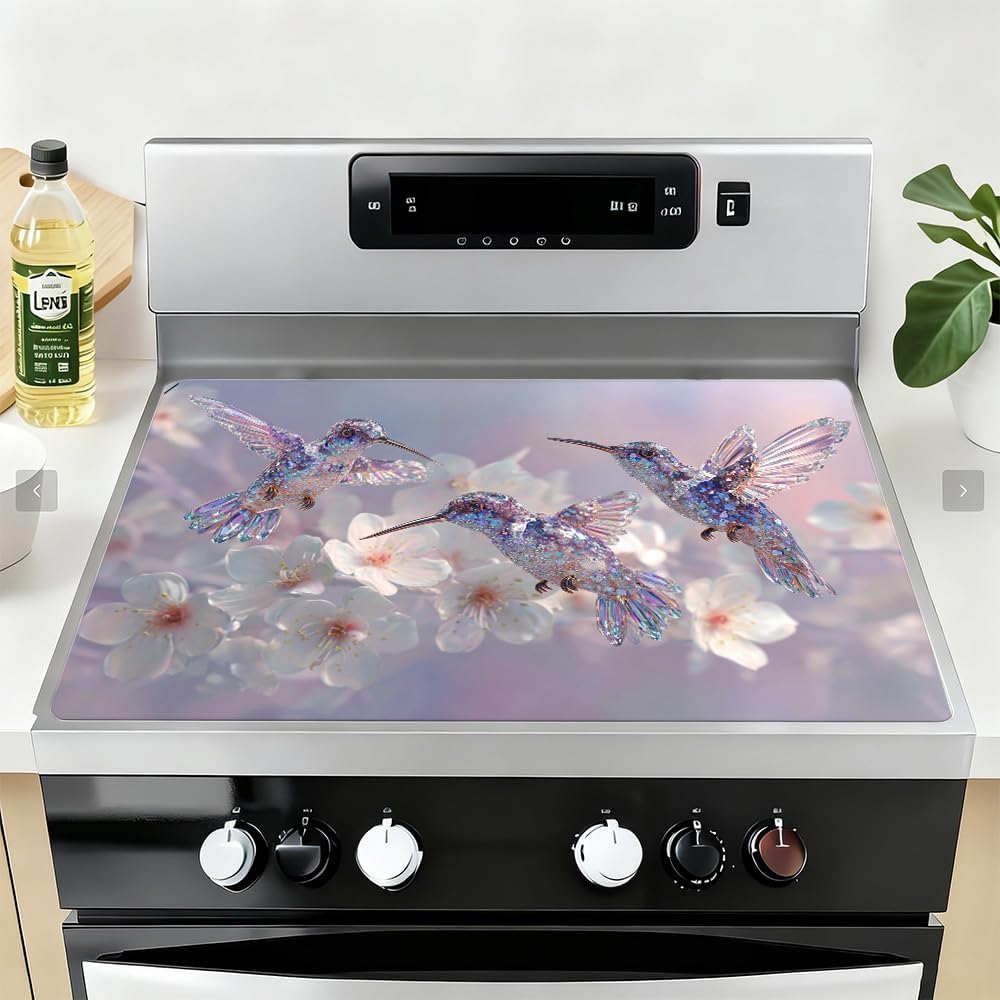 Stove Top Cover 28.35x20.47 Inch Rubber Mat Crystal Hummingbird Floral | Crystal hummingbird rubber stove mat with white blossom design for electric ranges, glass cooktops, counters and islands. thumbnail