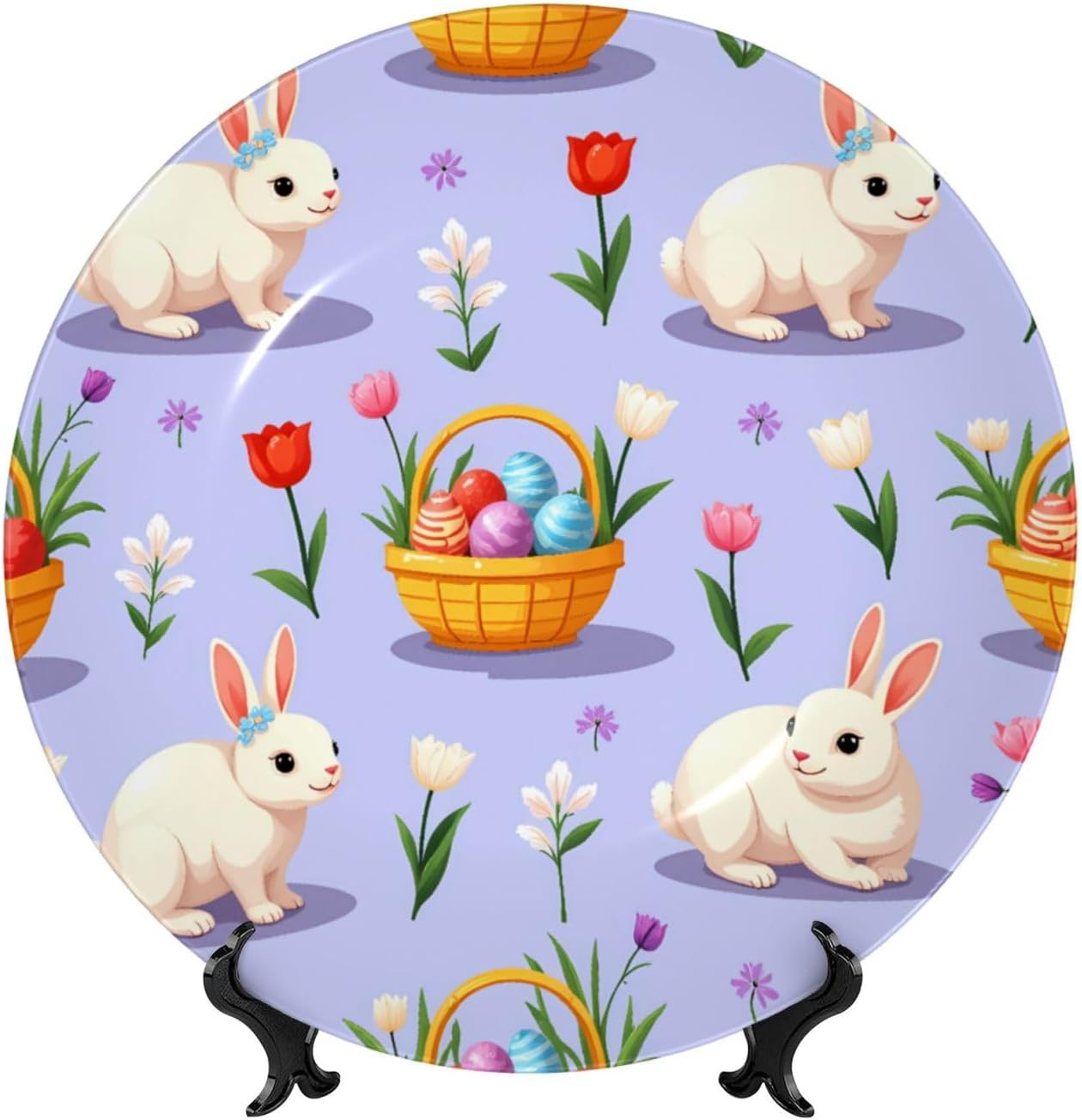 Easter Bunny Illustration Style Ceramic Plate Display Decorative Plate With Stand Wall Hanging Plate For Home Decor 10 Inch