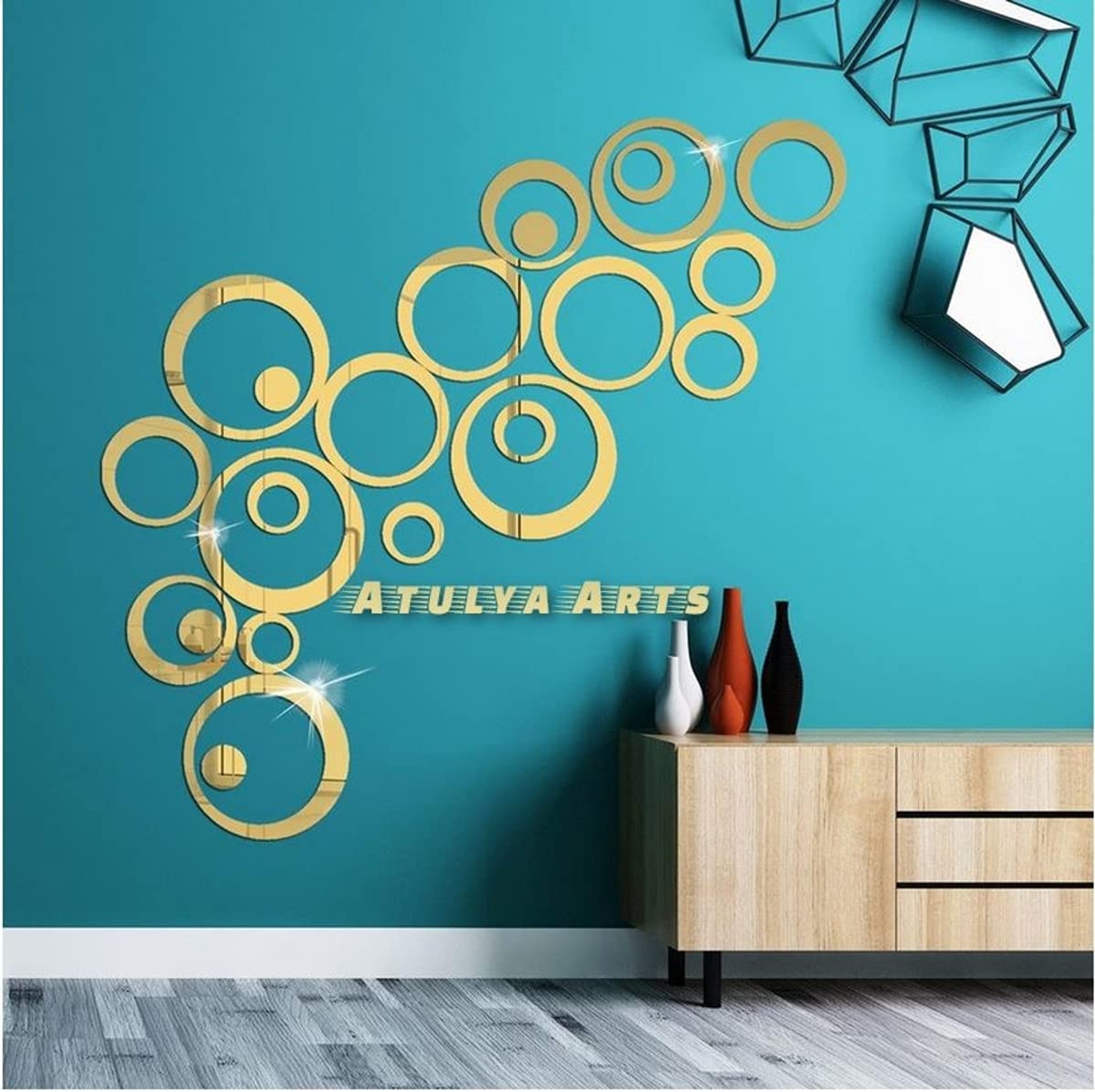 Rings and Dots 3D Acrylic Stickers Decorative Sticker Acrylic Mirror Wall Stickers for Bedroom Living Room (Golden) Pack of 24