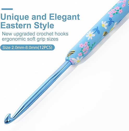 Miniatura 10 de LOOEN Juego de ganchos de ganchillo, 14 tamaños de 0.089 in (B) a 0.394 in (N) mango ergonómico para manos artríticas, kit de agujas de tejer de