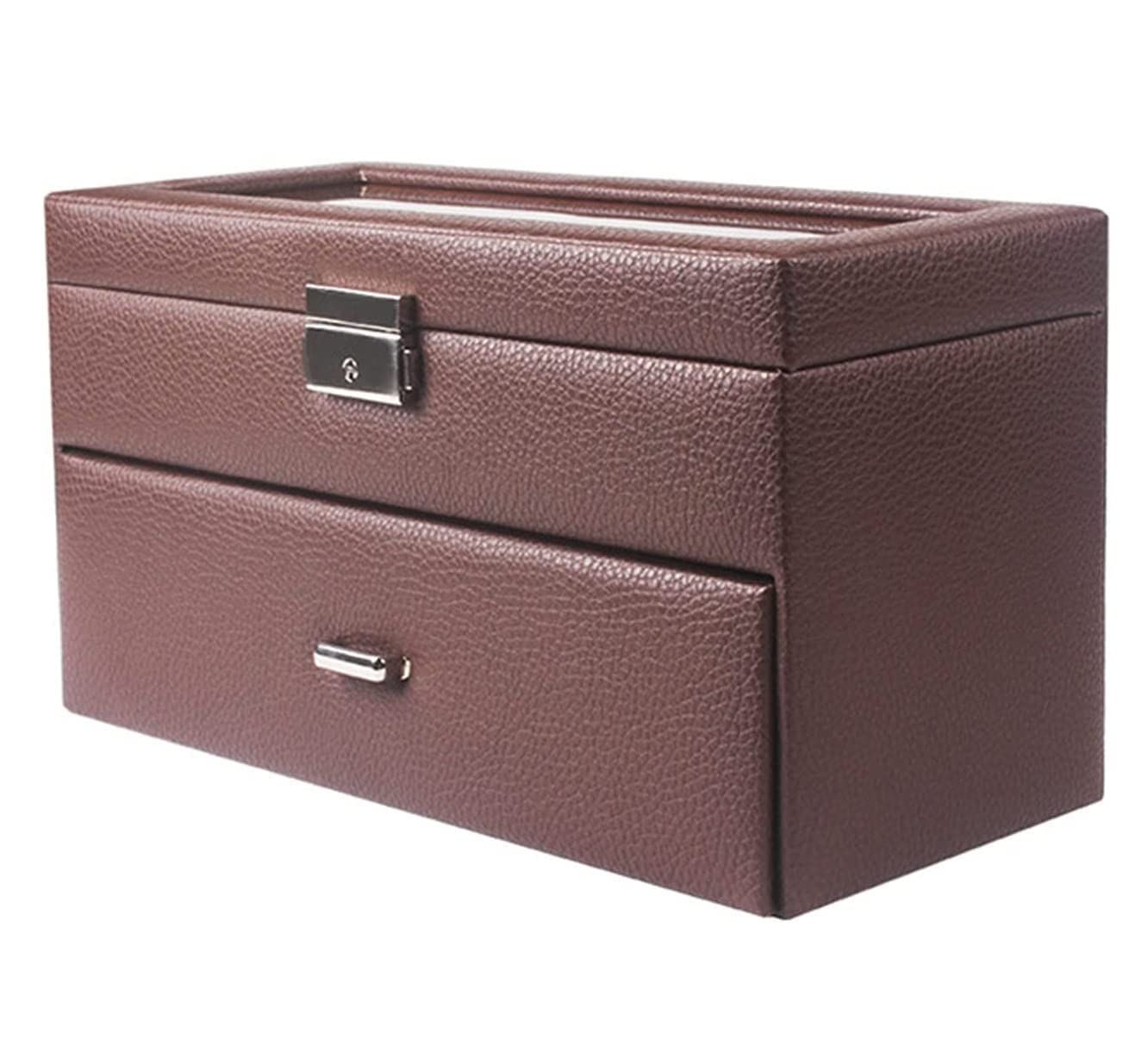 Uhrenbox, exquisiter Uhrenbox-Organizer mit 2 Ebenen und 10 Fächern, mit Schublade und Glasdisplay, abschließbarem Uhrengehäuse, Uhrenaufbewahrungsbox Safehappy