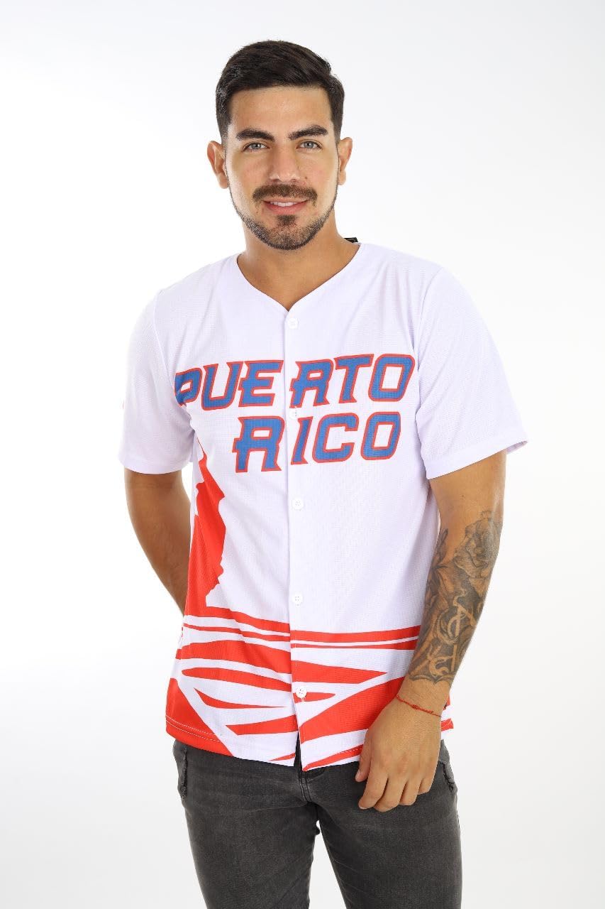 Puerto Rico Baseball Jersey for Men, White Blue/Red Button Down Short Sleeve Sports Shirt, Lightweight