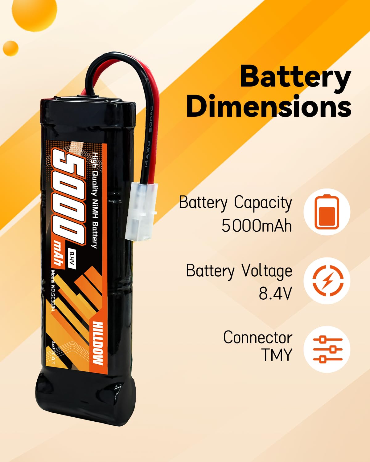 Hilldow Batería NiMH de 5000 mAh 8.4 V con conector TMY RC para coche, camión, tanque, avión, helicóptero (paquete de 2)