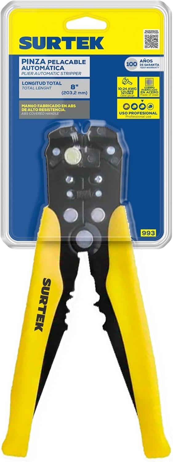SURTEK Automatic Stripping Pliers - 8" 3-in-1 Auto Wire Stripper/Cutter/Crimper with 10-22 AWG Capacity & Moulded Cushion Grip - 993