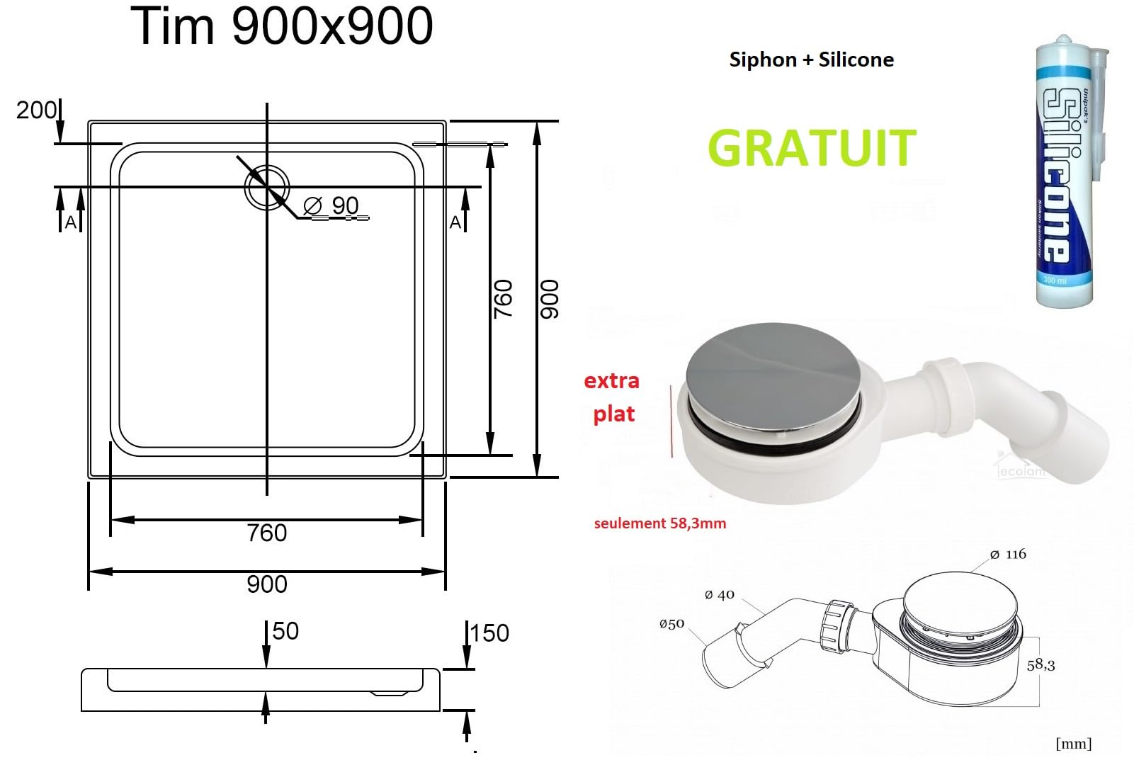 ECOLAM Receveur de douche carré Tim 90x90 x 15 cm | profondeur 5 cm | siphon et silicone | Receveur de douche blanc | acrylique sanitaire