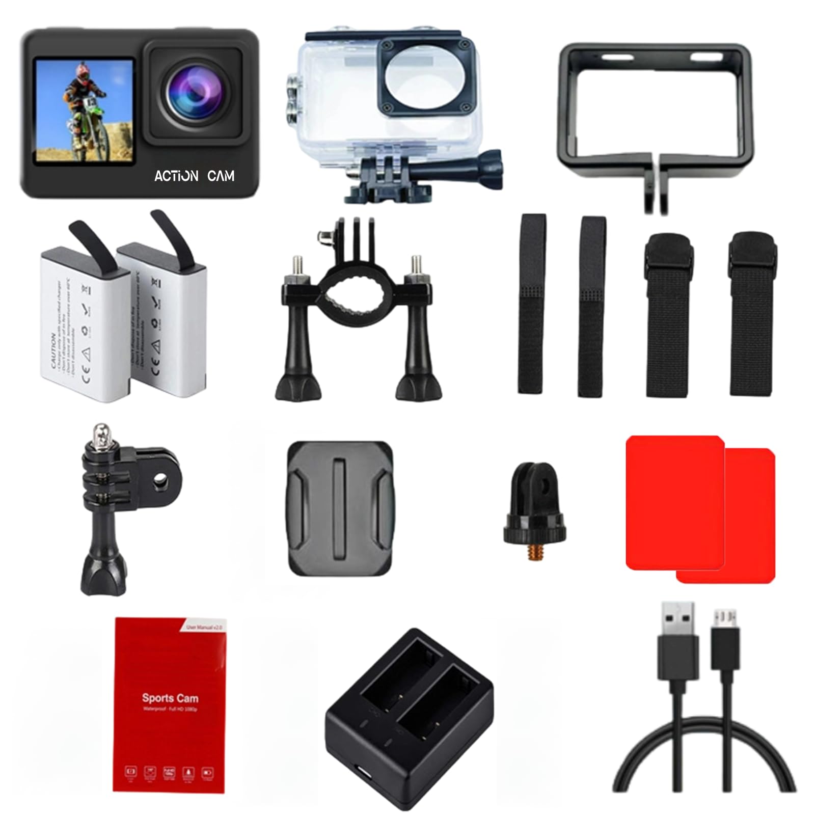 Caméra Sport 1080P FHD Waterproof, Double Écran, Étanche 40m | Convient pour Moto, Velo et Activités sous-Marines, 2 Batteries 1050 mAh + Kit d'Accessoires