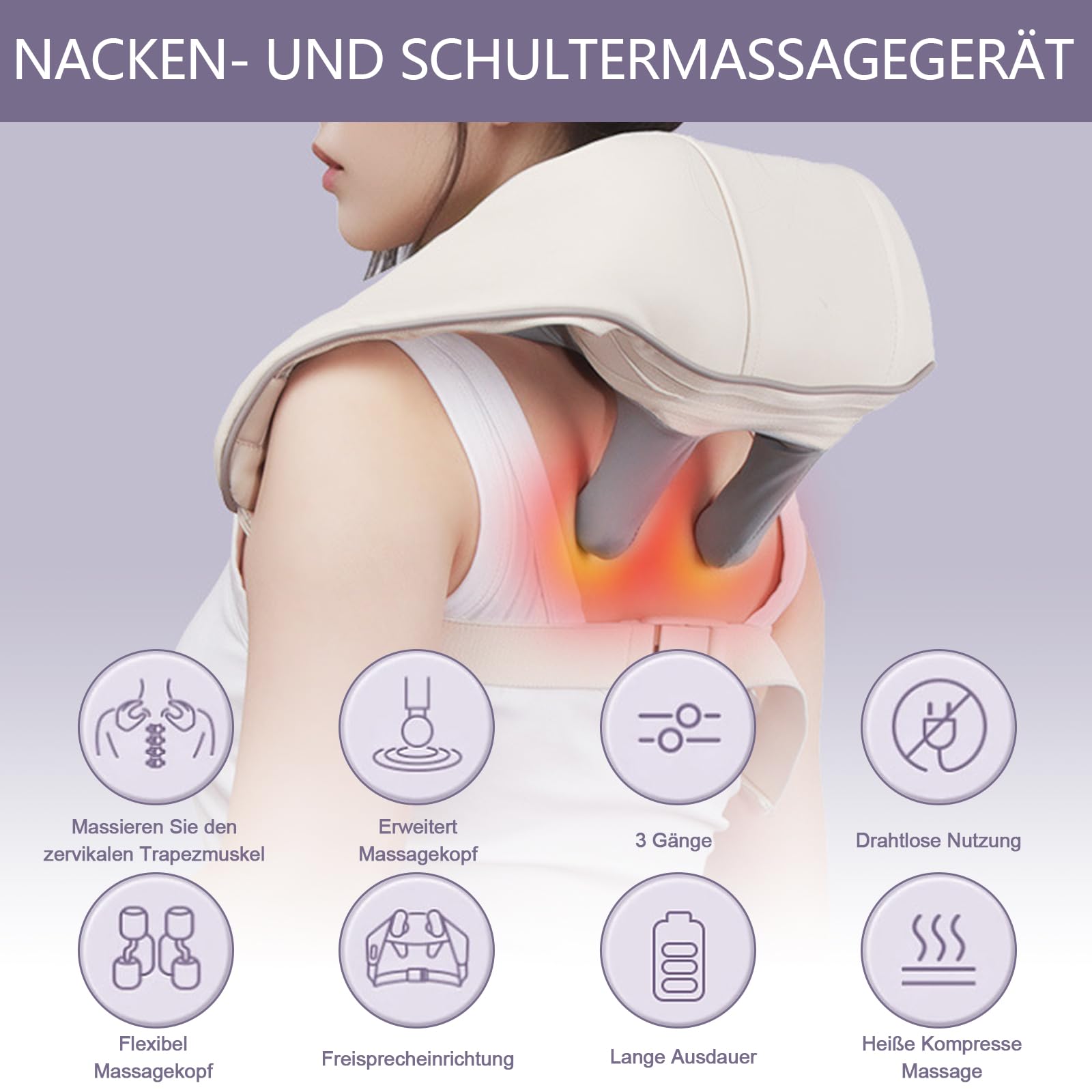 Massaggiatore per spalle e collo con calore, massaggiatore Shiatsu con massaggio 6D di tessuti profondi, con 6 testine massaggianti in silicone, massaggiatori elettrici per schiena, gambe