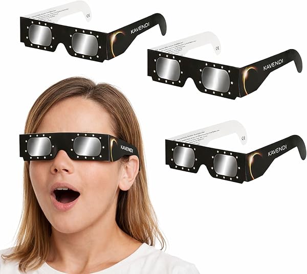 Kavendi Gafas Eclipse Solar Certificadas ISO 12312-2 CE Pack 3 Unidades, Gafas Protección Observación Segura del Sol, Filtro Profesional Astronómico para Adultos y Niños Eclipse 2026 - 1