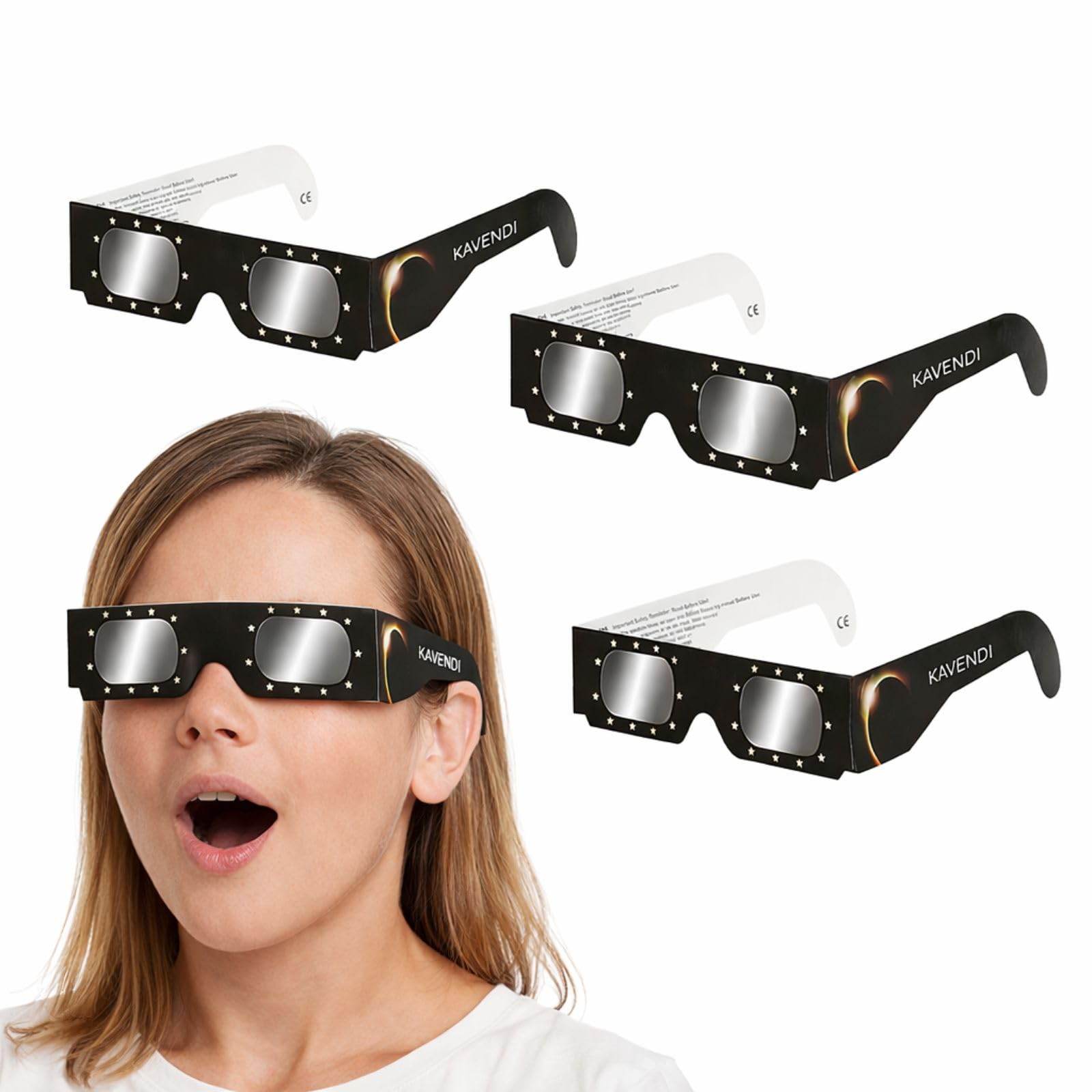 Kavendi Gafas Eclipse Solar Certificadas ISO 12312-2 CE Pack 3 Unidades, Gafas Protección Observación Segura del Sol, Filtro Profesional Astronómico para Adultos y Niños Eclipse 2026 - 2