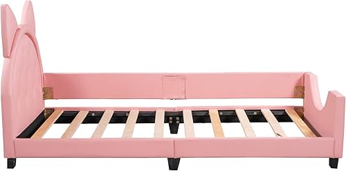 Miniatura 9 de Sofá cama tapizado de tamaño individual con cabecera en forma de orejas de cartón, base de cama de madera con plataforma doble para niñas y niños,