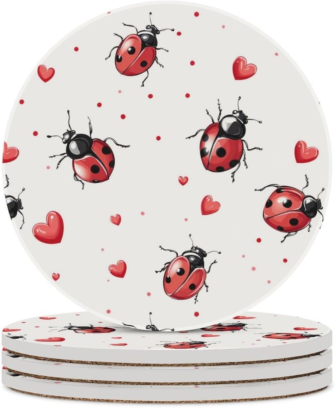 Funny Ladybug Bug Coasters for Drink Round Ceramic Coaster with Cork Base Home Decorative 4PCS