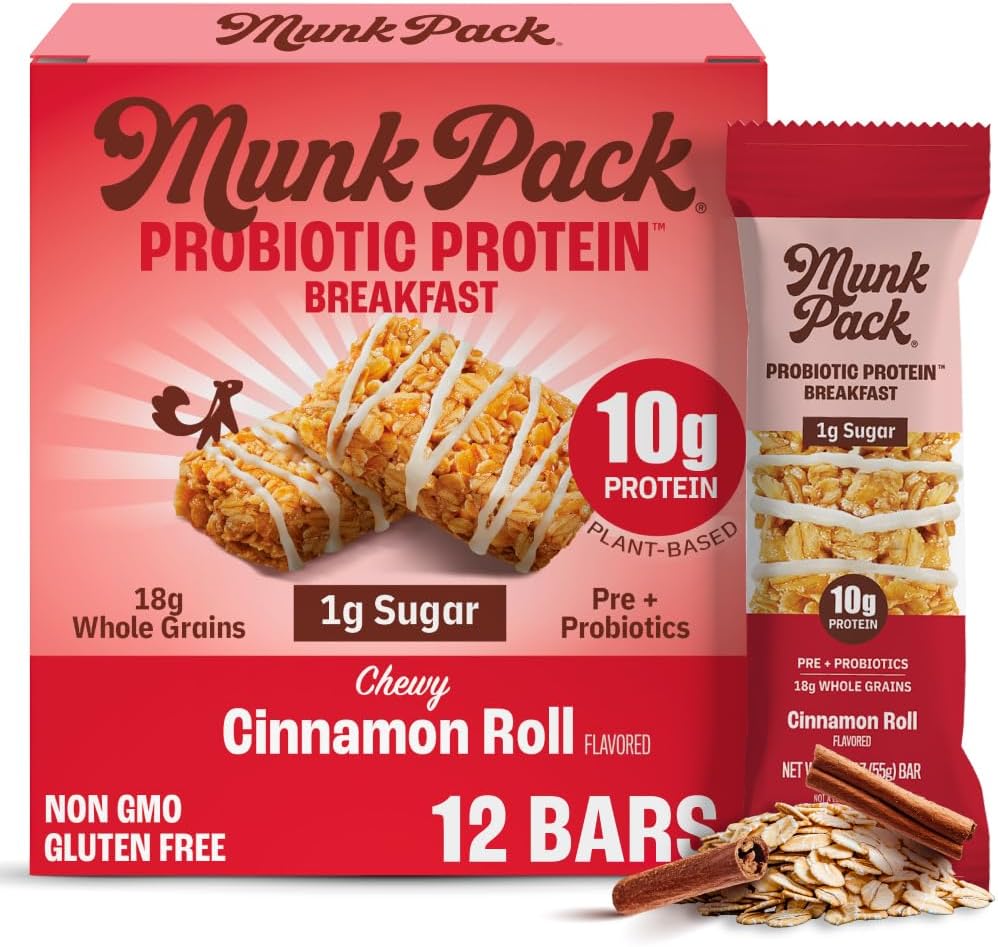 Munk Pack Cinnamon Roll Probiotic Protein Bars | 10g Plant Protein, 1g Sugar, 6g Fiber | Diabetic-Friendly Ideal Breakfast Bars - On-the-Go Snacks, Gluten-Free, Non-GMO | 12 Count